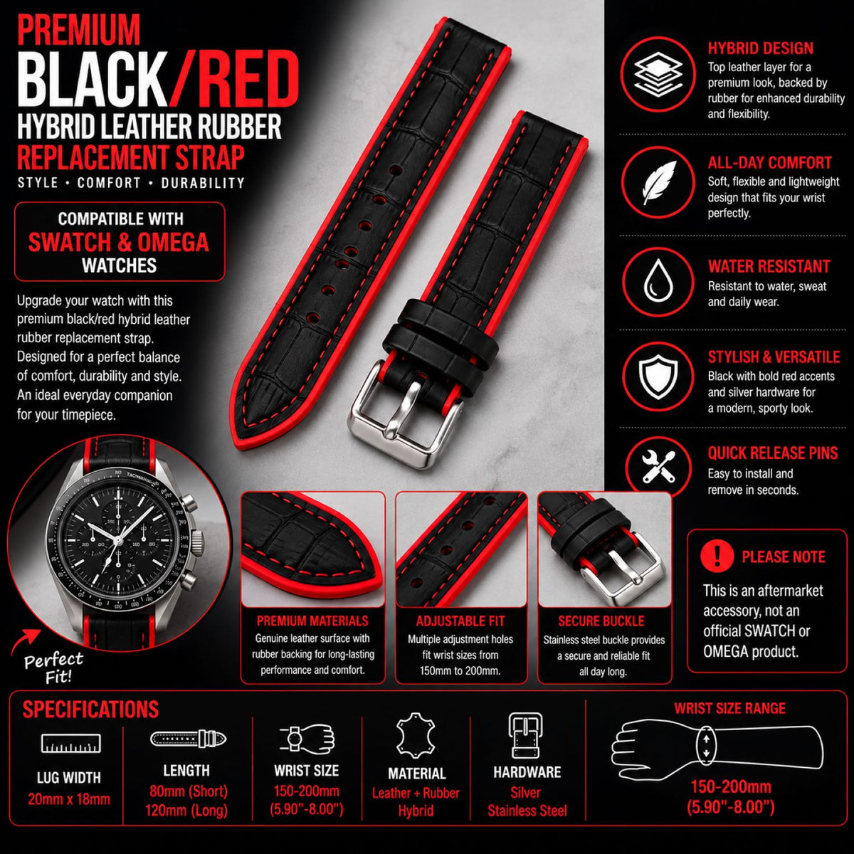 Leather & Rubber Hybrid Watch Replacement Band Compatible with Omega x Swatch MoonSwatch 20mm, Black/Red