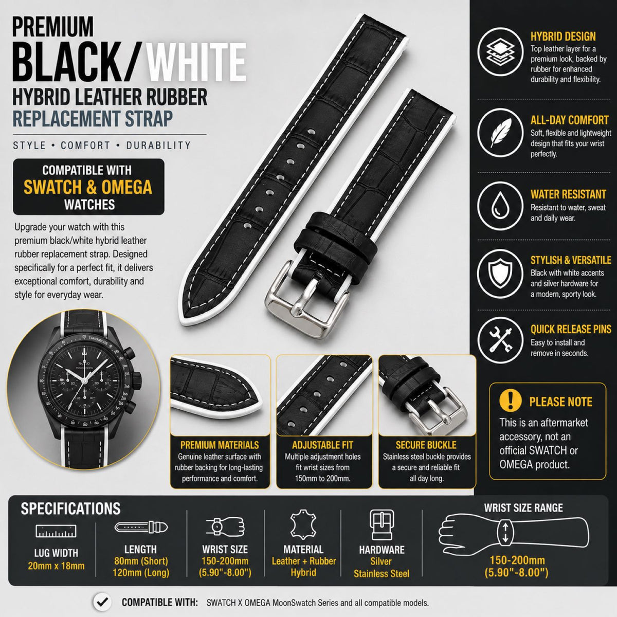 Leather & Rubber Hybrid Watch Replacement Band Compatible with Omega x Swatch MoonSwatch 20mm, Black/White