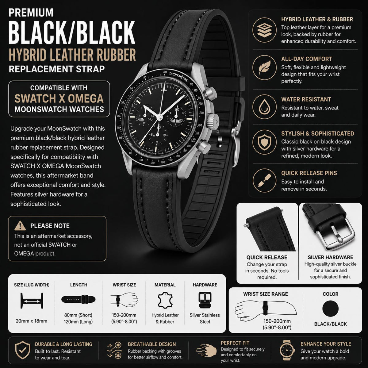 Leather & Rubber Hybrid Watch Replacement Band Compatible with Omega x Swatch MoonSwatch 20mm, Black