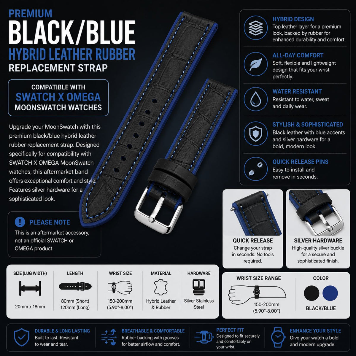Leather & Rubber Hybrid Watch Replacement Band Compatible with Omega x Swatch MoonSwatch 20mm, Black/Blue