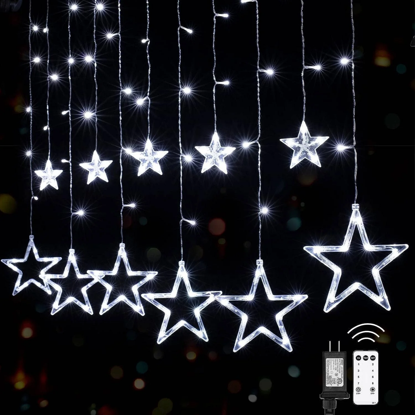 Elegani 138 LED Star Curtain Light – White Hanging String Lights with 12 Stars, 8 Lighting Modes, Plug-in, for Indoor Outdoor Room Party Backdrop
