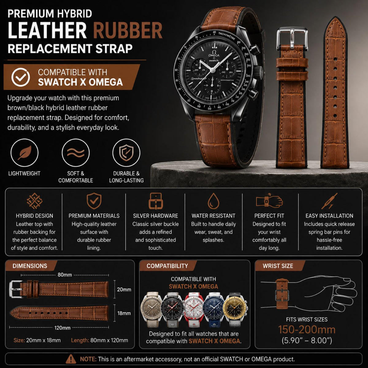 Leather & Rubber Hybrid Watch Replacement Band Compatible with Omega x Swatch MoonSwatch 20mm, Brown/Black