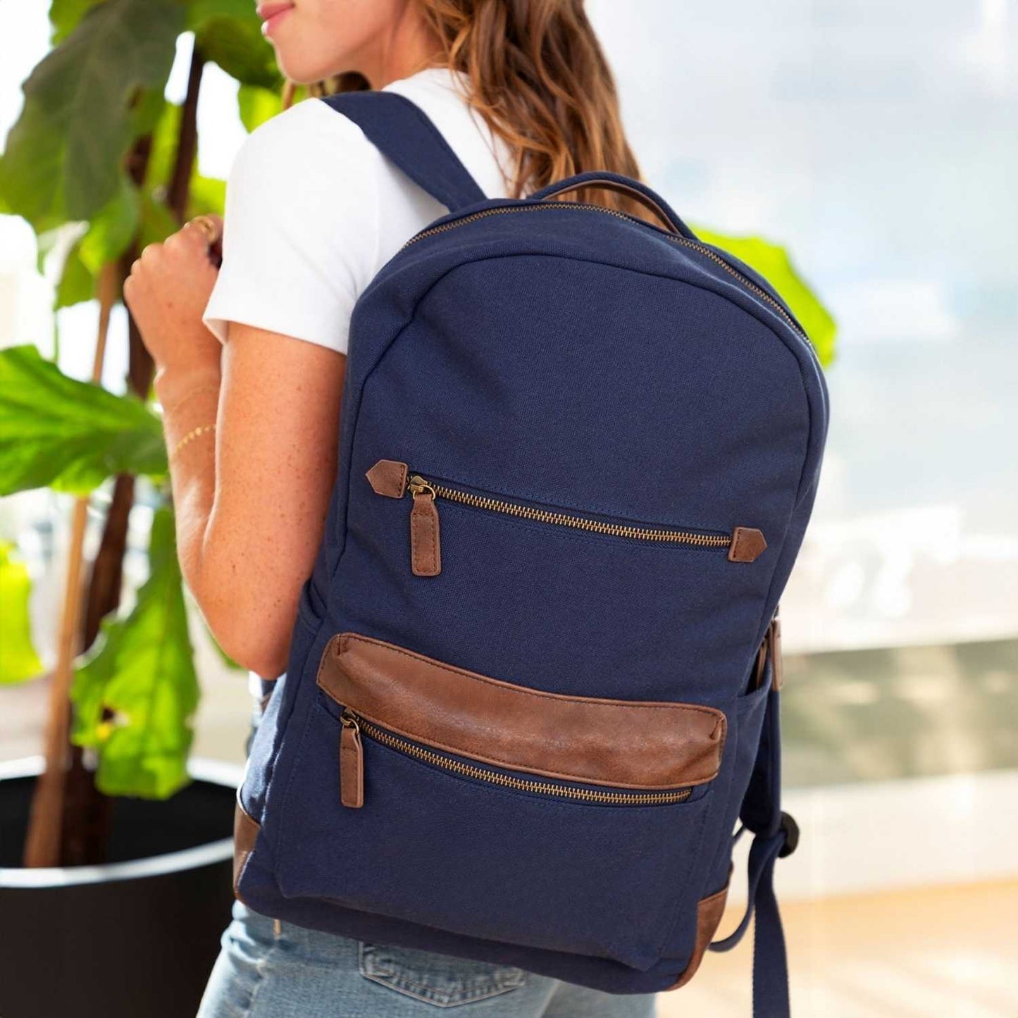 Elegani Touring Luxe Backpack – 11.02" x 18.50" x 5.11", Eco-Friendly Recycled Canvas-Navy