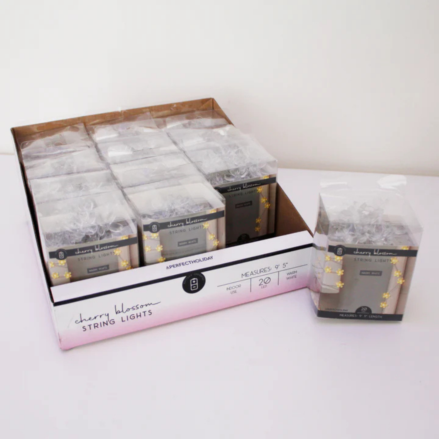 Elegani Super Pack-Cherry Blossom Flower LED String Lights – 20 Warm White LEDs, 9.5ft Indoor Floral Decor, 12 Pack Display