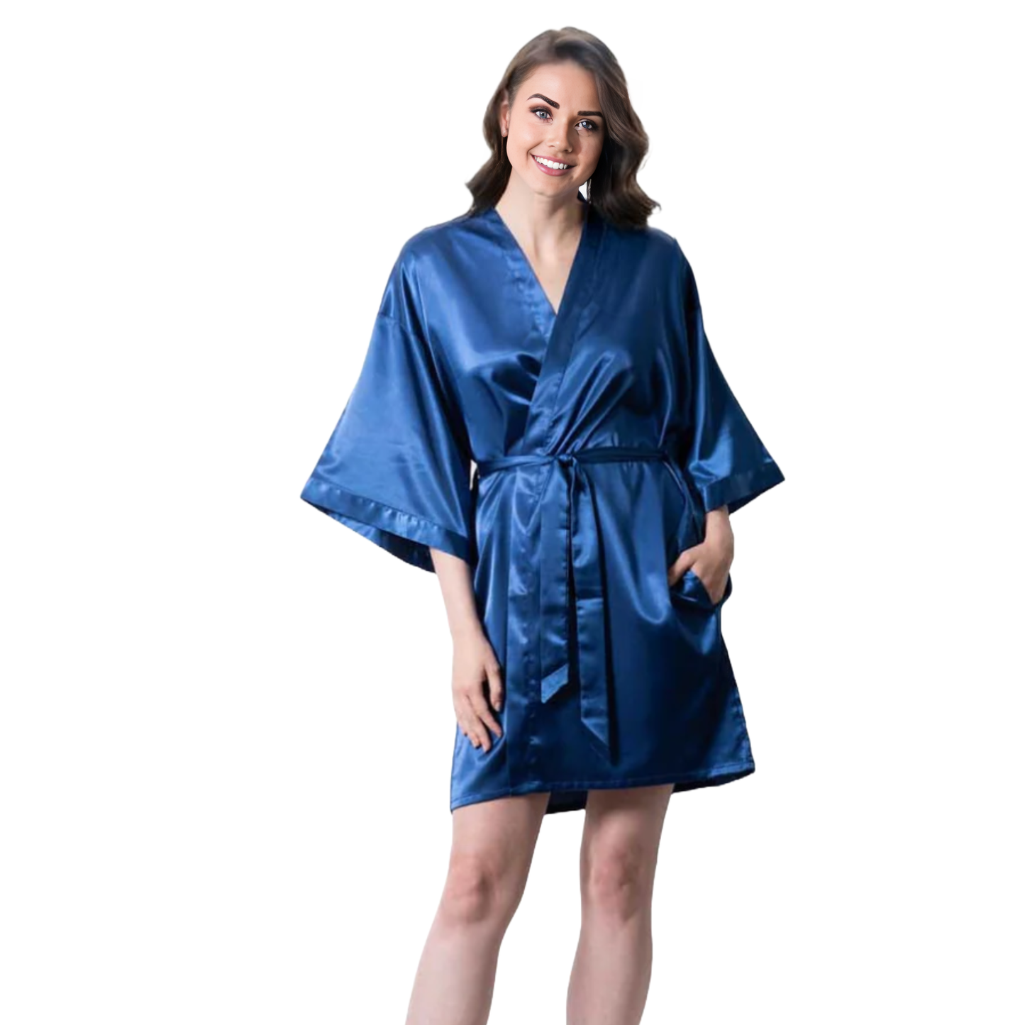 Elegani Bridal Satin Kimono Short Robe for Women - Soft, Stylish, and Comfortable, Sapphire Navy