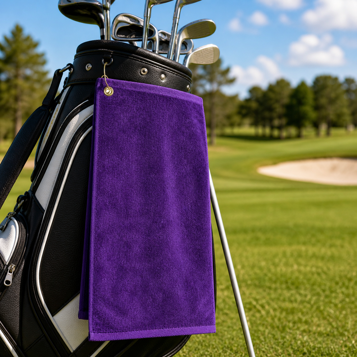Premium 100% Cotton Terry Velour Golf Towel with Corner Hook & Grommet Placement 16 inch x 26 inch -Purple
