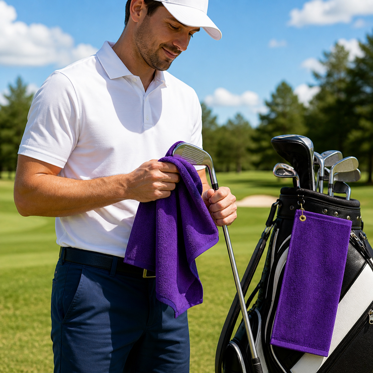 Premium 100% Cotton Terry Velour Golf Towel with Corner Hook & Grommet Placement 16 inch x 26 inch -Purple
