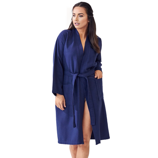 Elegani Long Waffle 100% Cotton Kimono Bathrobe for Women, Navy