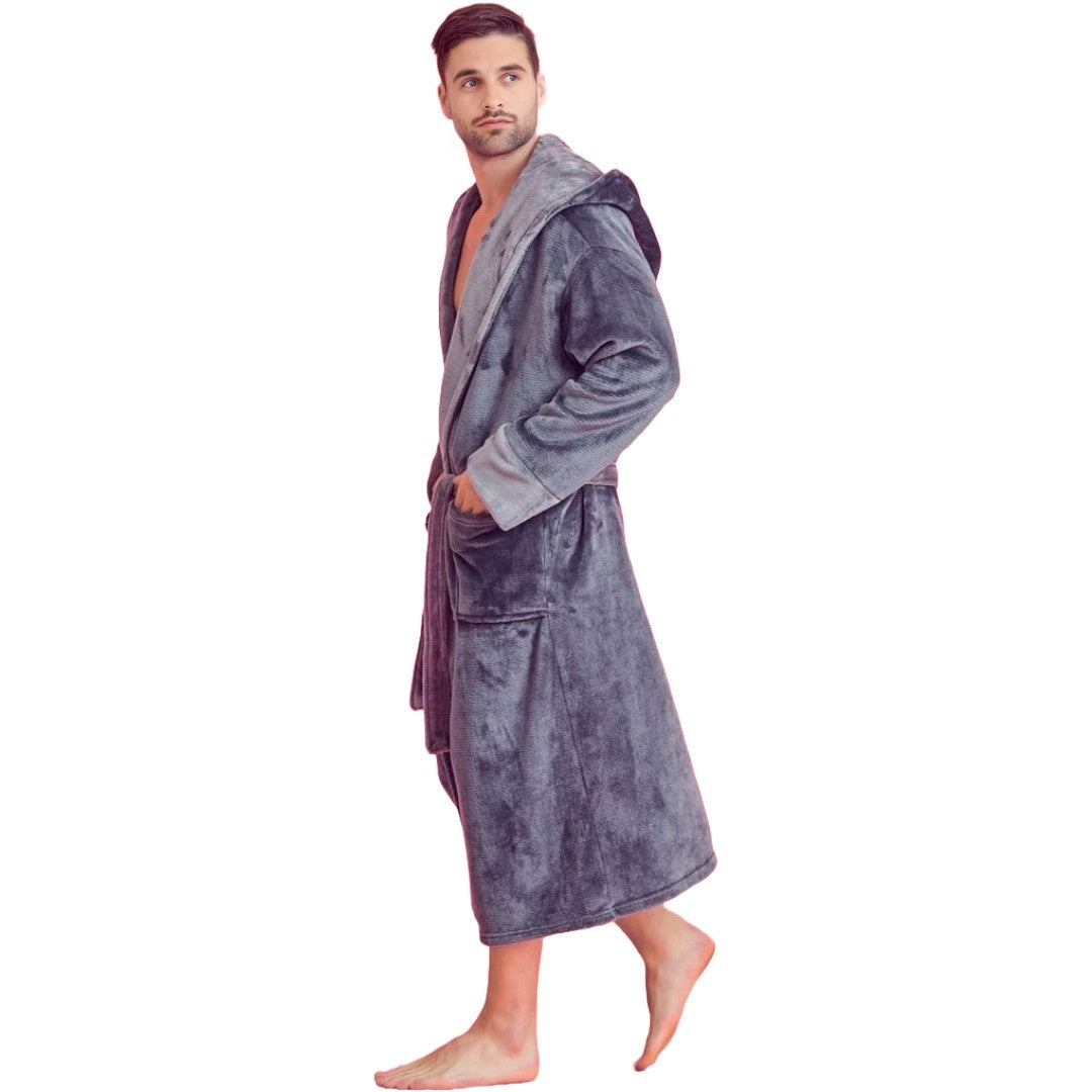 Elegani Men Plush Shawl Collar Robe, Unisex Gray