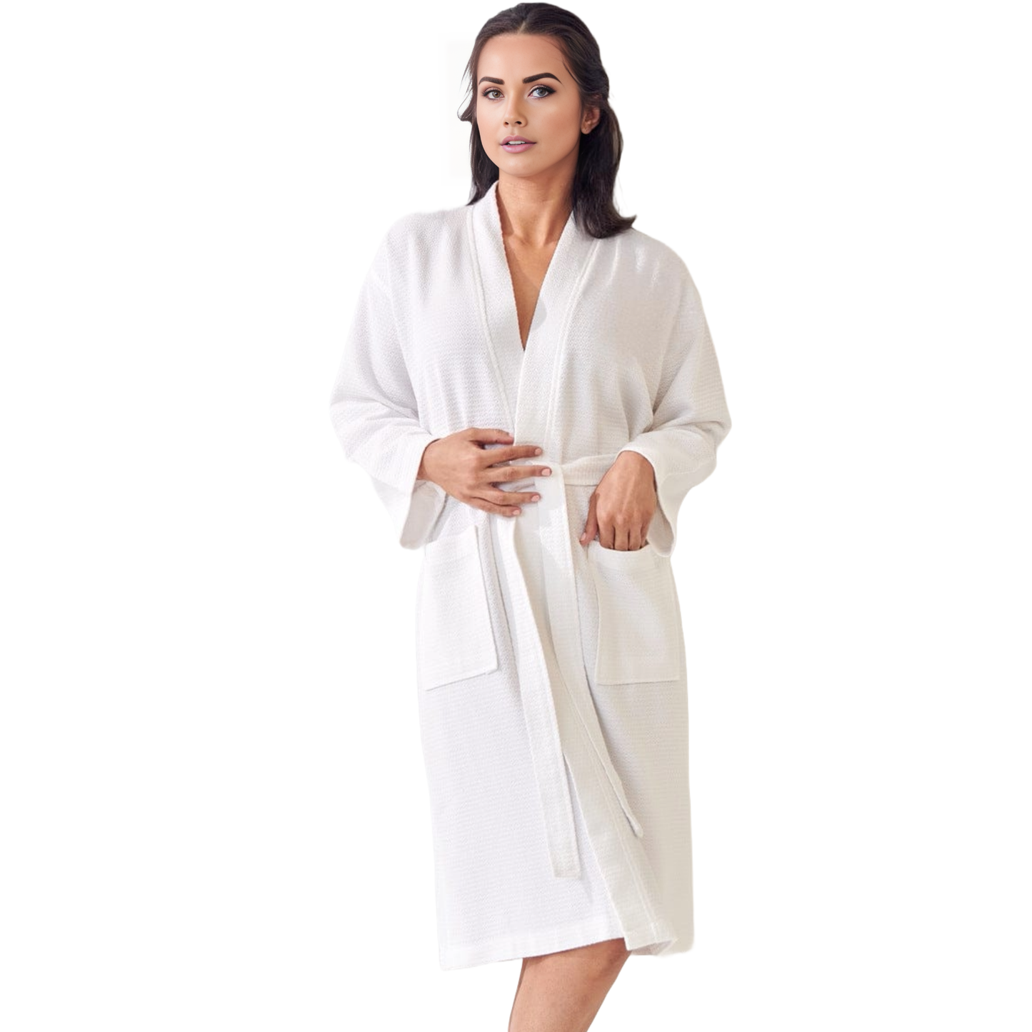 Elegani Long Waffle 100% Cotton Kimono Bathrobe for Women, White