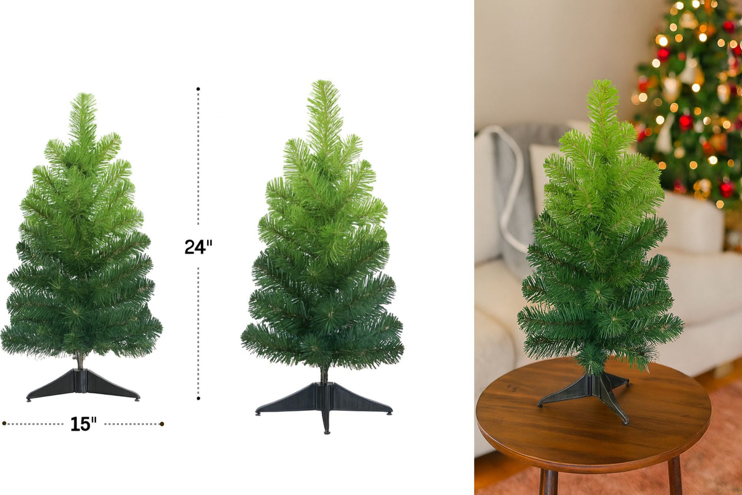 Elegani 24 Inch Tabletop Ombre Green Christmas Tree with Stand, Mini Artificial Holiday Decor with 80 Tips, 15 Inch Diameter