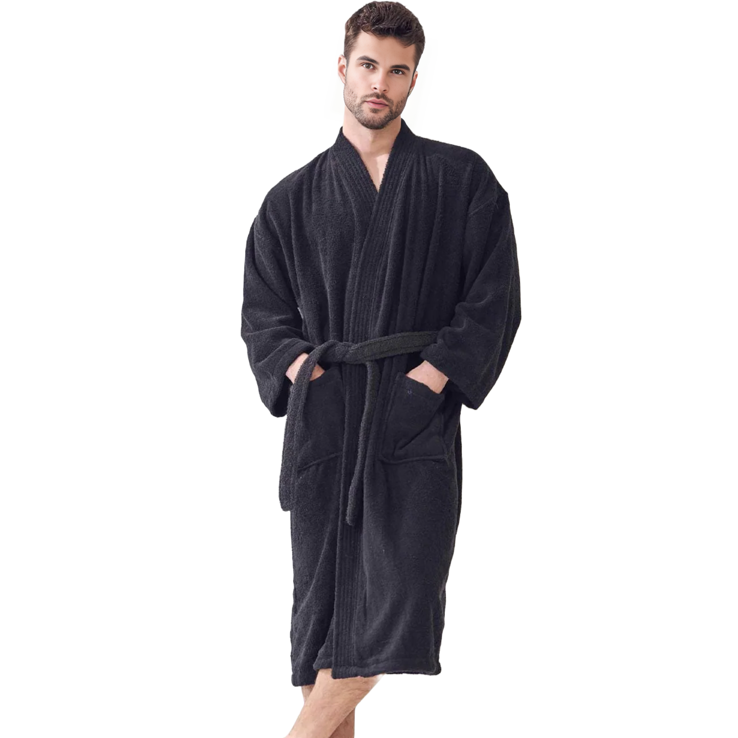 Elegani Soft Terry Cotton Kimono Robe for Men - Unisex Luxury Bathrobe for Everyday Comfort (Black)