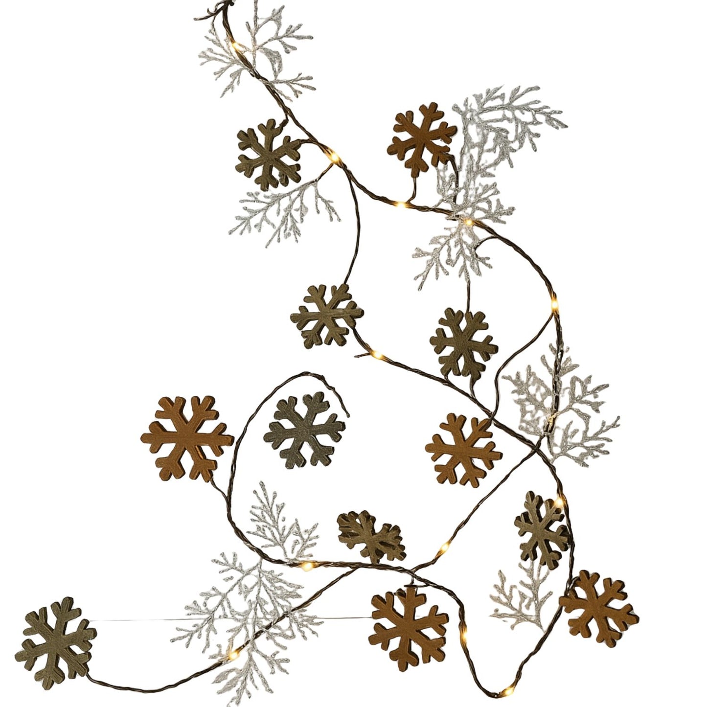 Elegani 20 LED Glitter Snowflake Fairy Lights – 7.5ft Copper Wire String Light with Large & Small Glittered Snowflakes, Warm White Glow for Holiday Mantel, Table & Wreath Decor