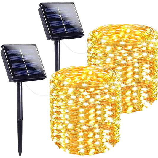 Elegani 2-Pack Solar Powered Fairy Lights 100 LED Each – 32ft Warm White Copper Wire Outdoor Waterproof String Lights with Ground Stakes