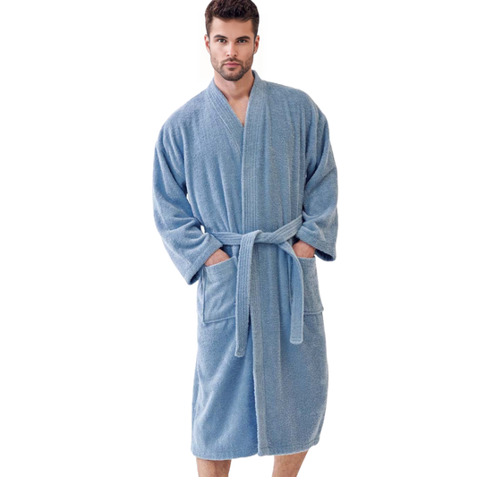 Elegani Soft Terry Cotton Kimono Robe for Men - Unisex Luxury Bathrobe for Everyday Comfort (Light Blue)