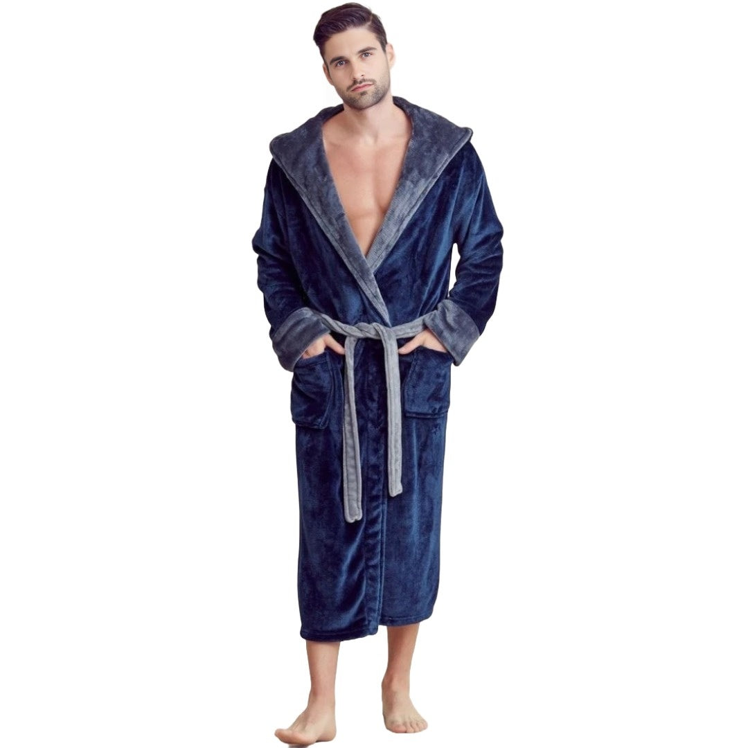 Elegani Men Plush Shawl Collar Robe, Unisex Navy