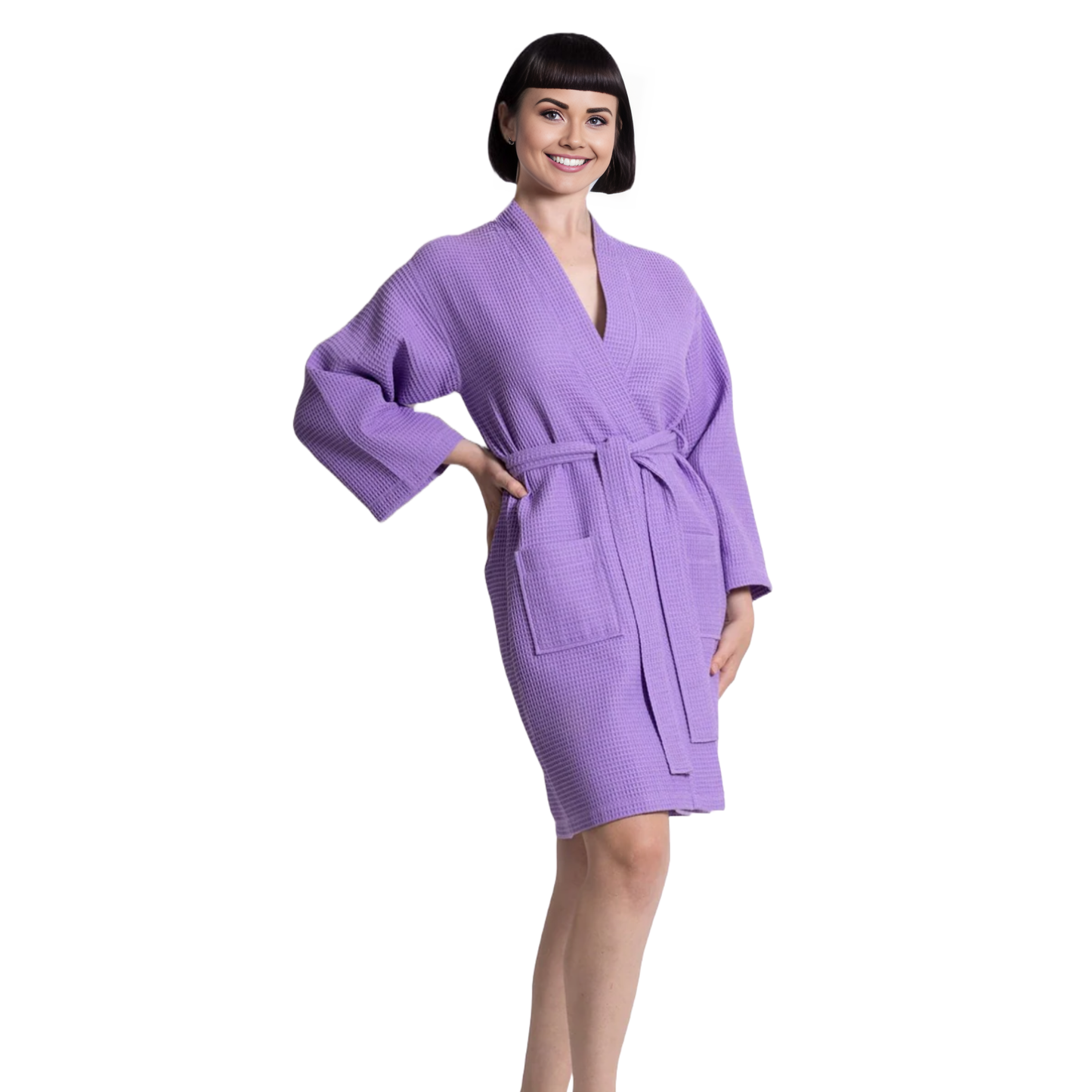 Elegani Soft Cotton Blend Waffle Kimono Perfect Knee Lenghth Robe for Women -Lavender