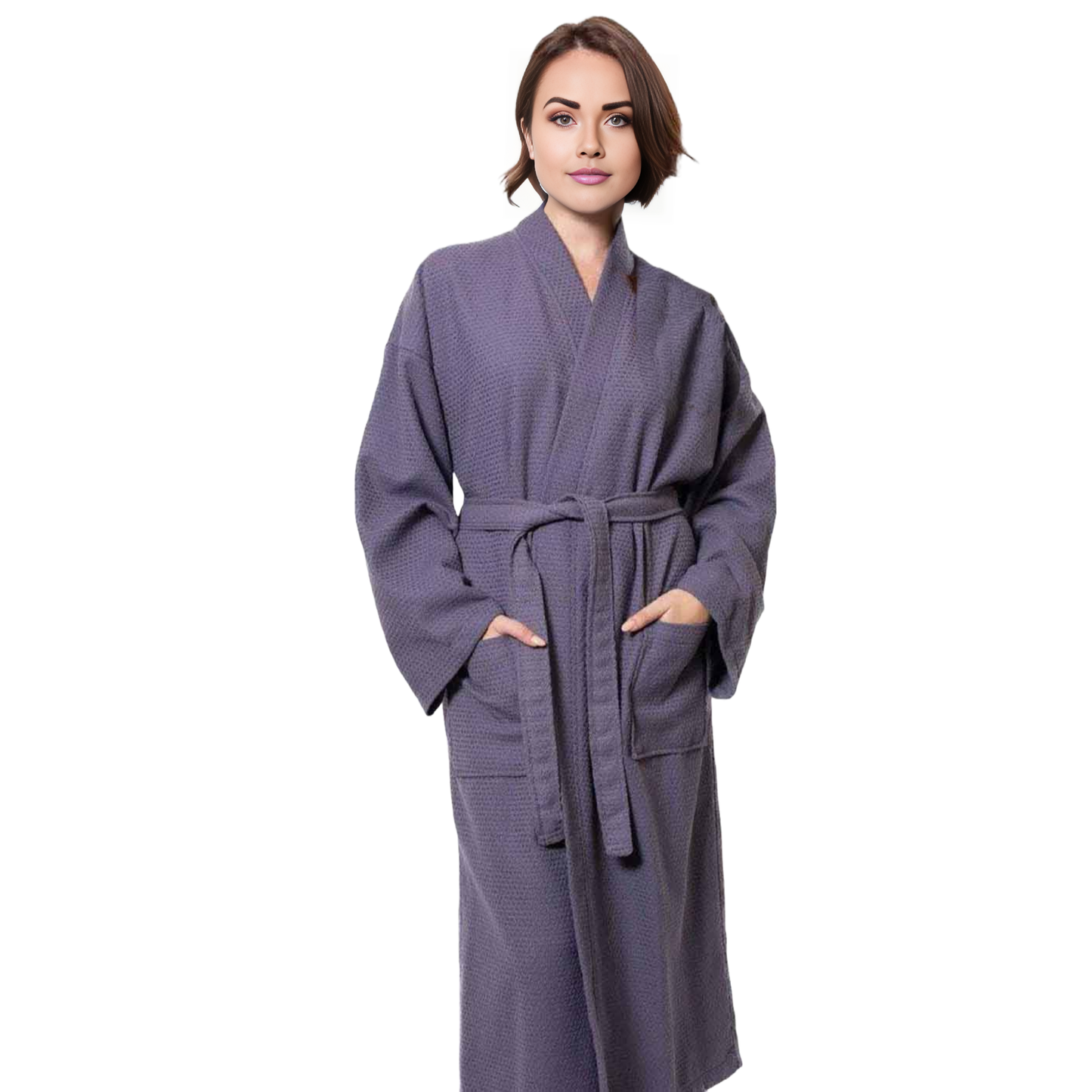 Elegani Long Waffle Cotton Kimono Bathrobe for Women, Stone Gray