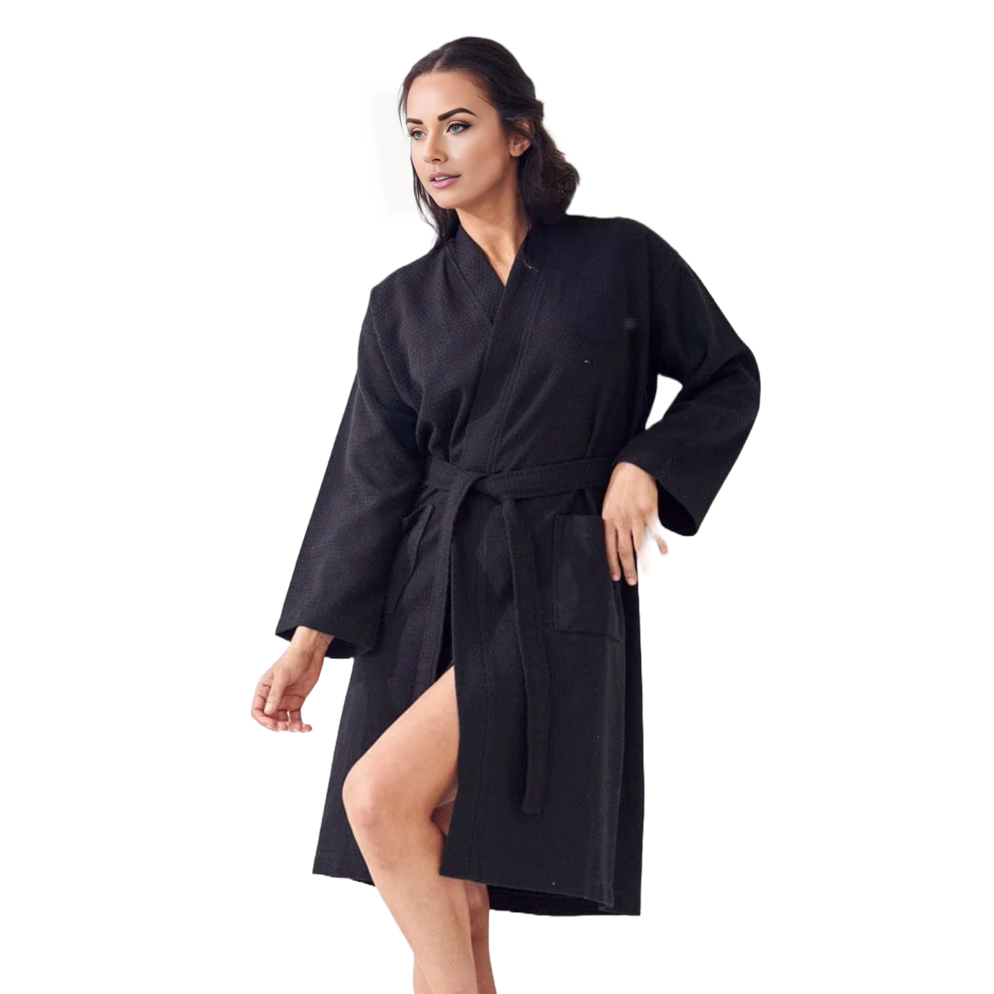 Elegani Long Waffle 100% Cotton Kimono Bathrobe for Women, Black